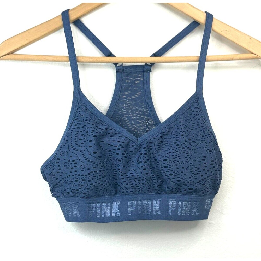 PINK Women's Sports Bra XS Blue Lasercut Racerback Adjustable Straps Blue Lace